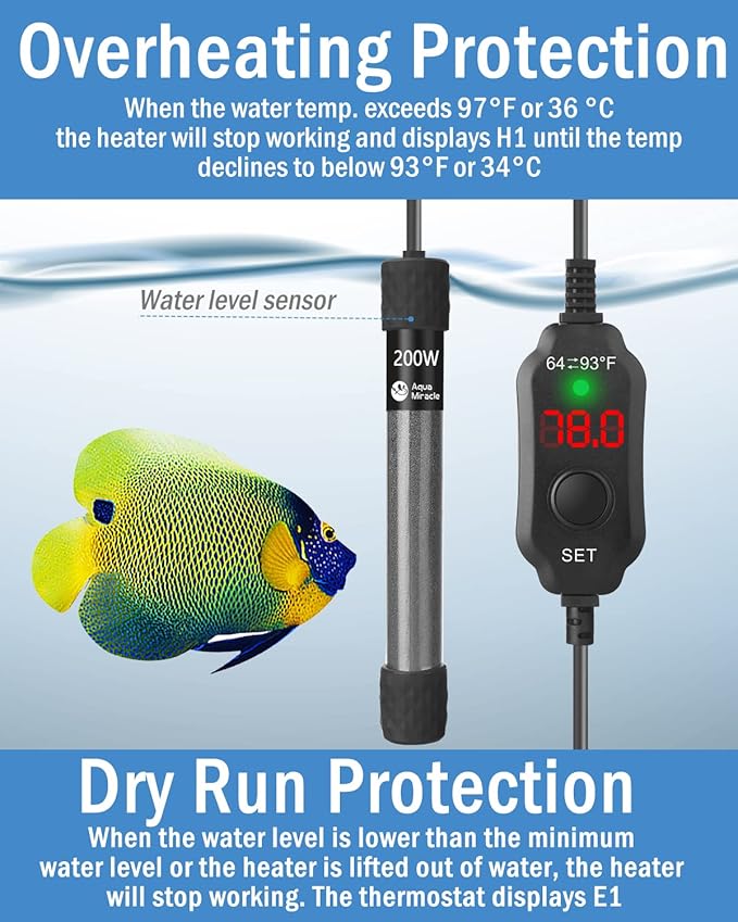 AquaMiracle Adjustable 200W Aquarium Heater Submersible Fish Tank Heater Super Short Aquarium Heater with LED Digital Display Thermostat, for Tanks 20-40 Gallons-PawvioPets