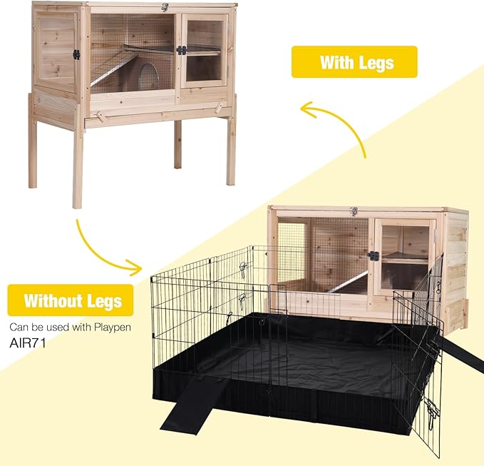 Aivituvin Wooden Guinea Pig Cages Indoor with Removable Stand, Anti Chewing Rabbit Hutch with Ramp and Wire Mesh, 2 Story Small Animals House Habitat with Pull Out Tray (Light Natural Wood)-PawvioPets