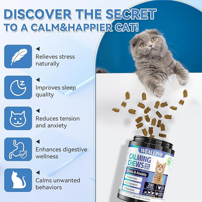 200 PCS Cat Calming Treats, Calming Treats for Cats Help to Manage Stress & Anxiety, Calming Aid for Cats with Hemp Seed Powder Chamomile Melatonin for Cat Anxiety Relief, Separation, Travel, Storms-PawvioPets