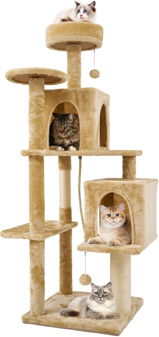59in Large Cat Tree Tower for Indoor Cats with Soft Plush Hang Ball, Two Condos, Sisal Scratch Posts & Rope Play for Kittens/Adult Cats, New Beige-PawvioPets