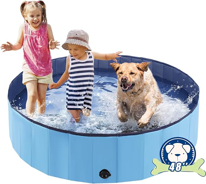 Foldable Dog Bath Swimming Pool Plastic Kiddie Pool Professional Tub Collapsible Grooming Bathtub for Pets Kids Baby and Toddler, 48 x 12 Inches Blue-PawvioPets
