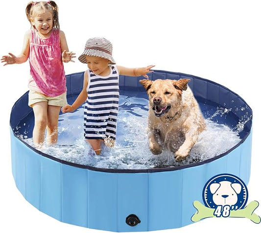 Foldable Dog Bath Swimming Pool Plastic Kiddie Pool Professional Tub Collapsible Grooming Bathtub for Pets Kids Baby and Toddler, 48 x 12 Inches Blue-PawvioPets