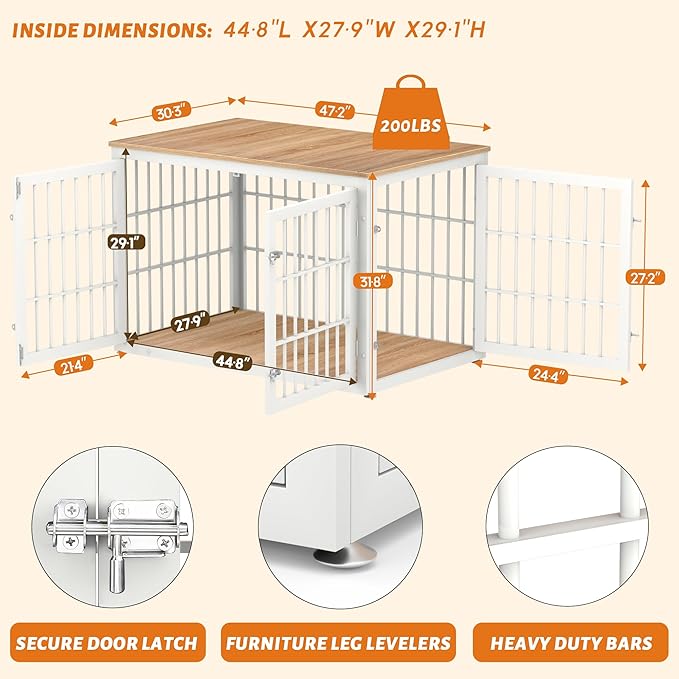 48 Inch Heavy Duty Dog Crate Furniture for Large Dogs, Decorative Pet House End Table, Extra Large Wooden Cage Kennel Furniture Indoor, Natural and White-PawvioPets