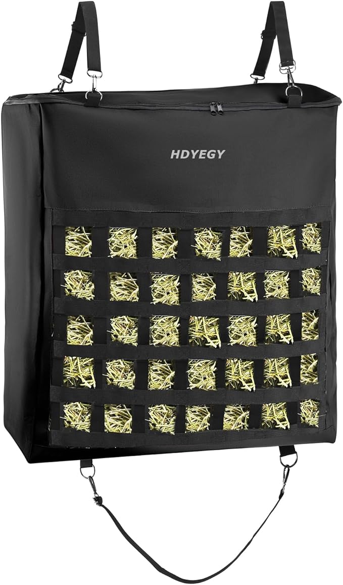 1Pcs Hay Bag for Horse,1200D Oxford Fabric Slow Feed Bags with Front Hay Nets Design and Heavy Duty Zipper Large Top Load Feeding Bag for Horses and Livestock,Black-PawvioPets
