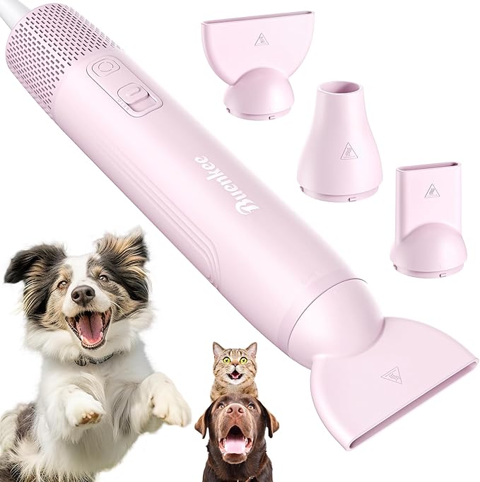 Dog Blow Dryer for Pet Grooming Handheld Lightweight Dog Cat Hair Dryer 3 Speeds 4 Temp, Portable 3HP High Velocity Pet Blower Quiet Dryer for Travel Campaign Home, with 3 Nozzles, Pink-PawvioPets