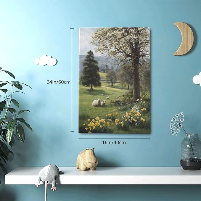 Country Sheep Canvas Wall Decor Farmhouse Rustic Lamb Wildflower Wall Art Nature Countryside Landscape Pictures Painting Print Framed Artwork Decorations for Bathroom Living Room Bedroom 16"x24"-PawvioPets