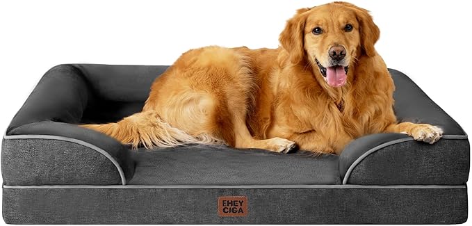 EHEYCIGA Orthopedic Dog Beds for Large Dogs, Waterproof Memory Foam Large Pet Bed with Sides, Non-Slip Bottom and Egg-Crate Foam Dog Couch Bed with Washable Removable Cover, Dark Grey-PawvioPets