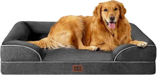 EHEYCIGA Orthopedic Dog Beds for Large Dogs, Waterproof Memory Foam Large Pet Bed with Sides, Non-Slip Bottom and Egg-Crate Foam Dog Couch Bed with Washable Removable Cover, Dark Grey-PawvioPets
