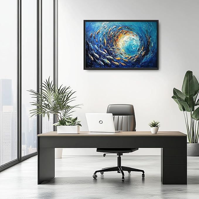 Extra Large Framed Abstract Ocean Fish Wall Art,Oversized Blue Sea Nautical Fish Wall Decor Pictures for Living Room,Canvas Print Painting Modern Artwork Bedroom Office Bathroom Home Decor 36L x24W-PawvioPets