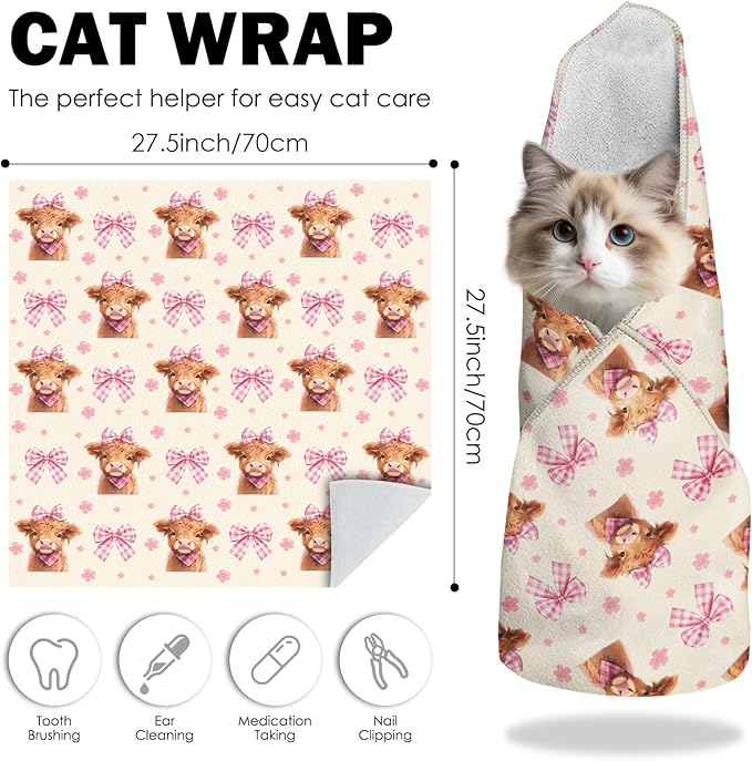 27.6" Cat Grooming Wrap, Self Adhesive Cat Wrap for Cutting Nails, Anti-Escape Calming Cat Swaddle Wrap for Medicine Ear Cleaning, Cow Anti-Scratch Cats Burrito Restraint Blanket, Practical Pet Tool-PawvioPets