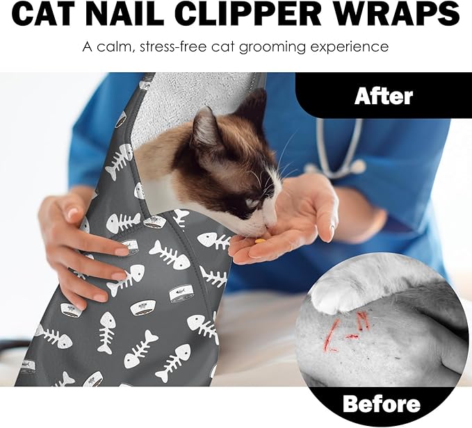 27.6" Cat Grooming Wrap, Self Adhesive Cat Wrap for Cutting Nails, Anti-Escape Calming Cat Swaddle Wrap for Medicine Ear Cleaning, Anti-Scratch Cats Burrito Restraint Blanket, Practical Pet Tool Grey-PawvioPets
