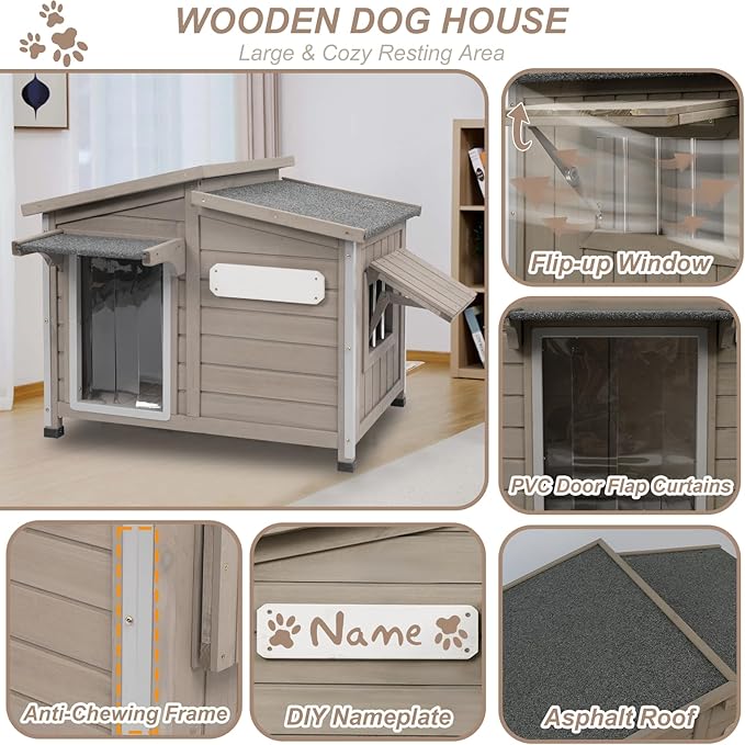 43" L Outdoor Extra Large Dog House with Removable Floor, Raised Feet, Anti-Chewing Iron Frame – Wooden Kennel with Asphalt Roof, Window for Indoor/Outdoor Use, Ideal for Medium to Large Dogs-PawvioPets