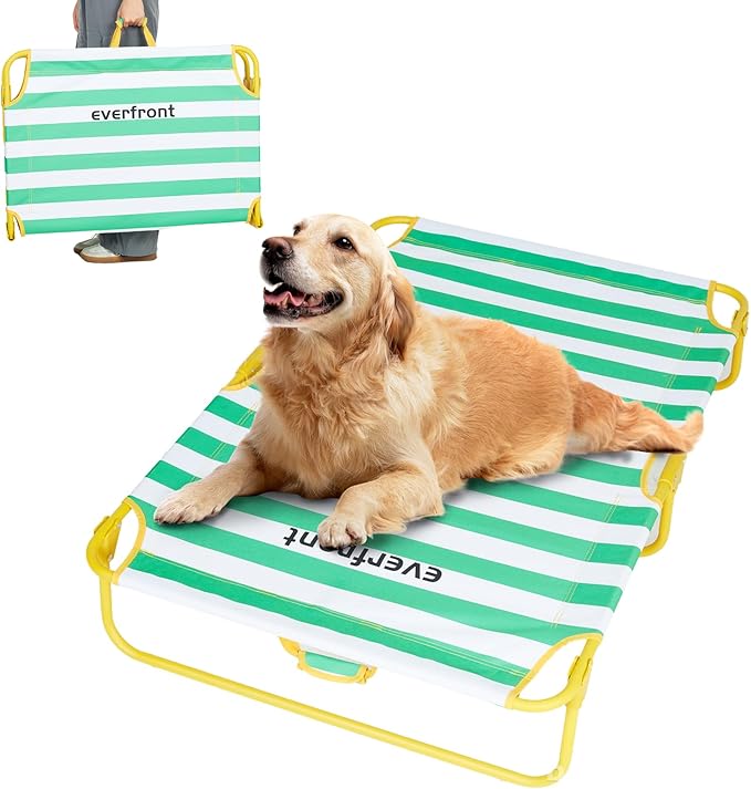 Dog Elevated Bed Foldable Portable Raised Bed Camping cot Outdoor Summer Dog Bed (Large, GreenStripes-Oxford Fabric)-PawvioPets