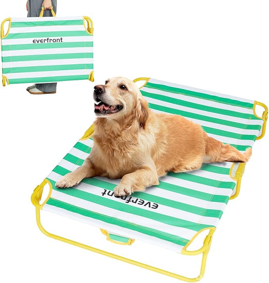 Dog Elevated Bed Foldable Portable Raised Bed Camping cot Outdoor Summer Dog Bed (Large, GreenStripes-Oxford Fabric)-PawvioPets