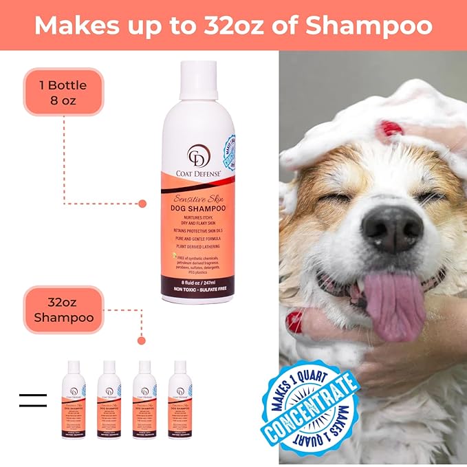 COAT DEFENSE Sensitive Dogs Shampoo | Made in USA | All-Natural Hypoallergenic - Soothes and Relieves Itchy & Dry Skin | 8 Ounces Concentrated Makes 32 Ounces-PawvioPets