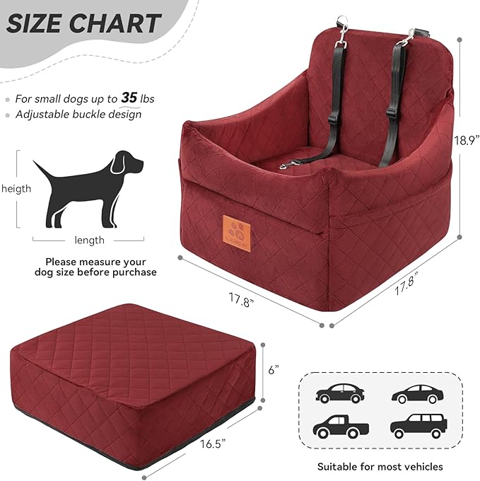 Dog Car Seat for Small/Medium Dogs, Dog Booster Car Seats with Thick Cushion for Dogs Under 35lbs, Detachable Washable Pet Car Seat with Storage Pockets, 2 Safety Belts(Red)-PawvioPets