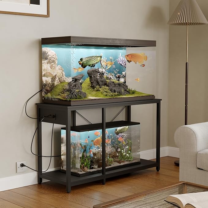 50-75 Gallon Fish Tank Stand with Power Outlet & LED Light, Metal Aquarium Stand with 3 Tier Adjustable Storage Shelves, Tank Stand for Reptile Tank, Turtle Tank, 52" L*19.5" W, Black-PawvioPets