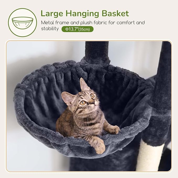 Globlazer Large Cat Tree Tower, Tall Cat Tree Condos for Indoor Cats Large Adult Cat Climbing Tower with 2 Spacious Caves, Oversized Top Perch, Big Hanging Basket, Cat Teaser Wand, F74B, Dark Grey-PawvioPets