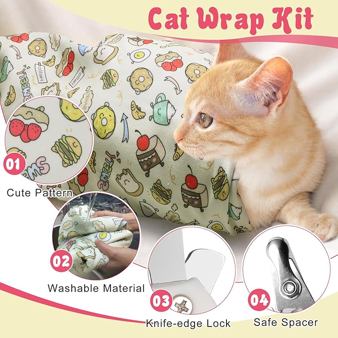 4p Cat Wrap for Cutting Nails Set, Self-Adhesive Cat Wrap Comfortable & Soft Cat Grooming Wrap Suitable for Many Cat Sizes Cat Burrito Wrap for Trimming Nails-PawvioPets