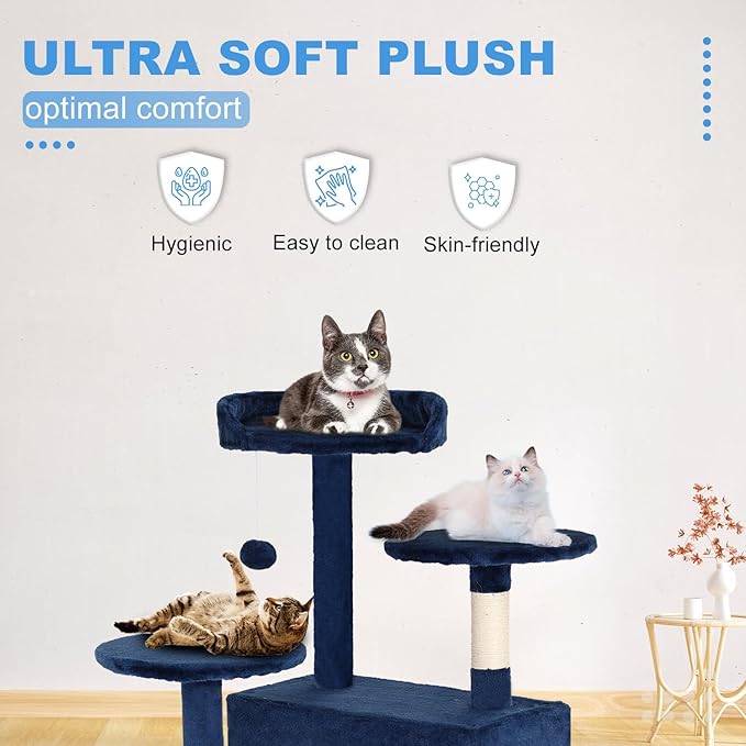 FDW Cat Tree 54in Cat Tower Multi-Level Durable Cat Scratching Post & Cozy Fun Cat Jumping Platform Space Saving Cat Condo Pet Play House for Indoor Cats,Navy Blue-PawvioPets