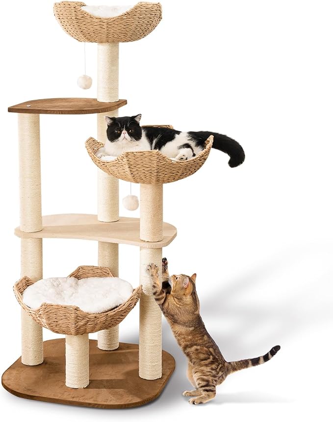 Big Modern Design Cat Tree Tower with White Cloud Mat, Unique Cat Supplies Tower with Scratching Post, Cute Wood Cat Tree Cat Furniture Activity Centre for Indoor Big Cats-PawvioPets
