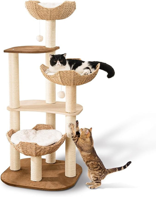 Big Modern Design Cat Tree Tower with White Cloud Mat, Unique Cat Supplies Tower with Scratching Post, Cute Wood Cat Tree Cat Furniture Activity Centre for Indoor Big Cats-PawvioPets