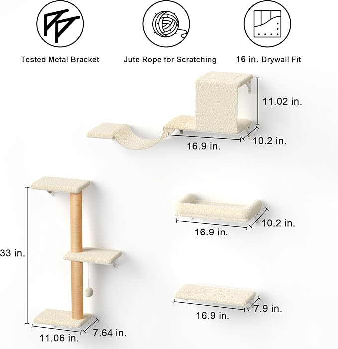 FUKUMARU Cat Wall Shelves, Stable & Safe 4 in 1 Large Cat Walls Furniture Set, Wooden Kitten Climbing Wall with Scratching Post for 16 Inch Drywall - Beige-PawvioPets