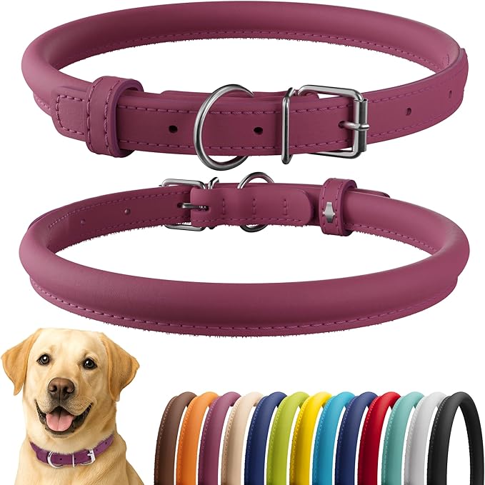 CollarDirect Rolled Leather Dog Collar, Soft Padded Round Puppy Collar, Handmade Genuine Leather Collar Dog Small Large Cat Collars 13 Colors (15-19 Inch, Pink Smooth)-PawvioPets