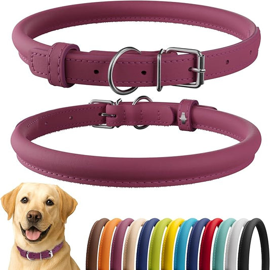 CollarDirect Rolled Leather Dog Collar, Soft Padded Round Puppy Collar, Handmade Genuine Leather Collar Dog Small Large Cat Collars 13 Colors (15-19 Inch, Pink Smooth)-PawvioPets