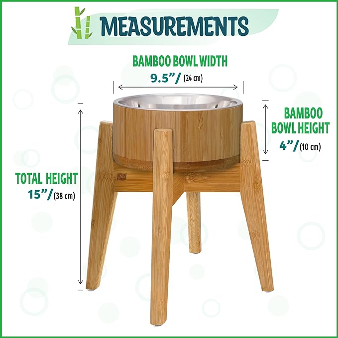 Elevated Dog Bowls for Large Breed - (15-Inch Tall, 74-oz Cap), Deter Ants and Bugs - Raised Single Feeder, Suitable for Dry and Wet Pet Foods - Bamboo with Stainless Steel Dish-PawvioPets