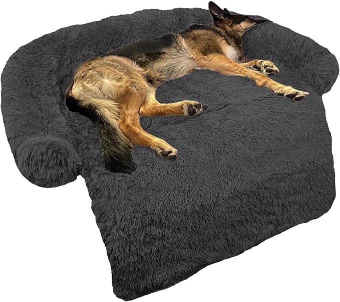 Calming Dog Bed Fluffy Plush Dog Mat for Furniture Protector with Removable Washable Cover for Large Medium Small Dogs and Cats (Large(45x37x6), Dark Grey)-PawvioPets