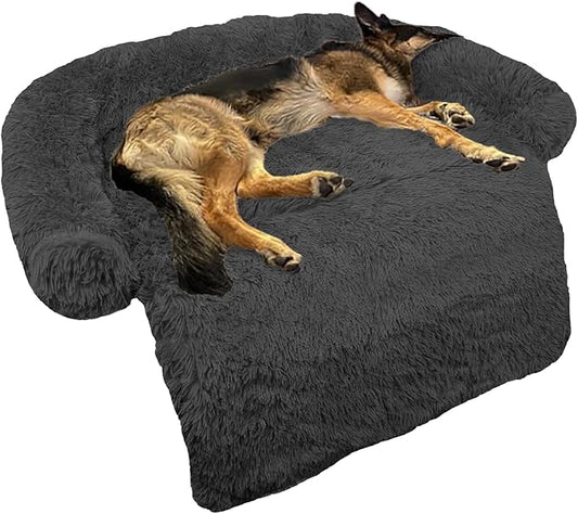 Calming Dog Bed Fluffy Plush Dog Mat for Furniture Protector with Removable Washable Cover for Large Medium Small Dogs and Cats (Large(45x37x6), Dark Grey)-PawvioPets