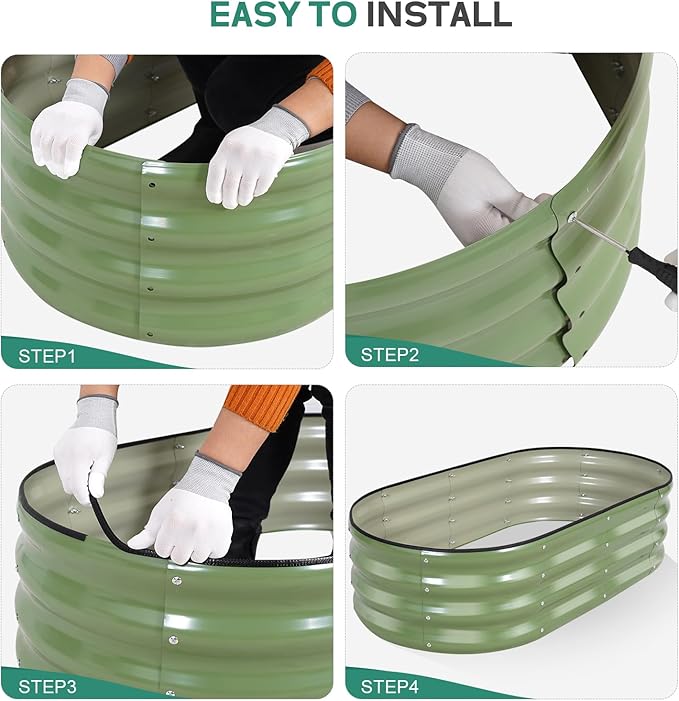 Galvanized Raised Garden Bed Outdoor - 4×2×1ft Planter Raised Beds for Gardening | Oval Metal Garden Planter Box with Safety Edging and Gloves for Vegetables Fruits and Flowers OliveGreen-PawvioPets