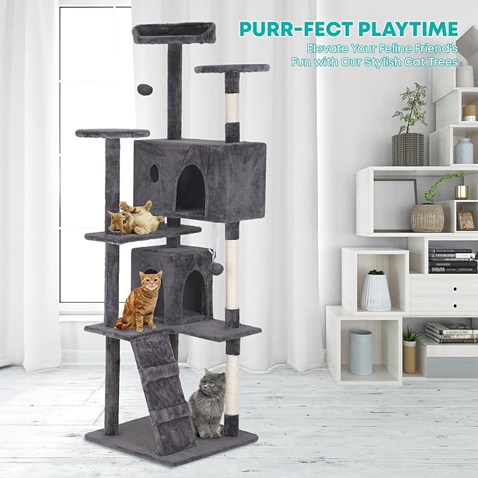 FDW Cat Tree 70in Cat Tower Multi-Level Durable Cat Scratching Post & Cozy Fun Cat Jumping Platform Space Saving Cat Condo Pet Play House for Indoor Cats,Light Gray-PawvioPets