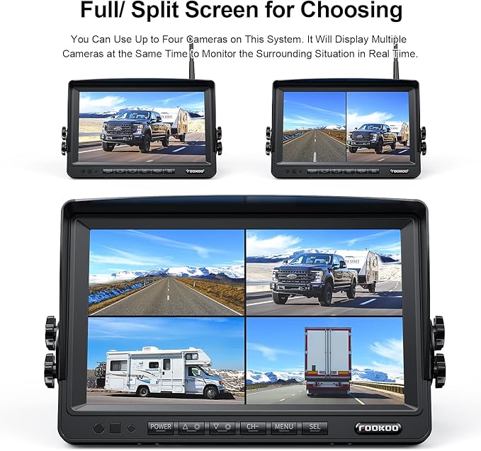 Fookoo 1080P 7" Wireless Backup Camera System, 7" HD Dual/Quad Split Monitor with Recording, IP69 Waterproof Rear View Front View Cameras with Parking Lines, Suits for RV/Truck/Trailer/Van/Bus(DW702)-PawvioPets