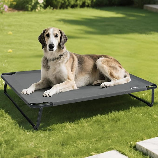 Elevated Dog Beds Extra Large Raised Dog Cots Outdoor Dog Bed Waterproof Pet Cots Stable and Easy Assembly, Teslin Fabric with 1.2mm Thick Iron Frame, Breathable, Ultra-Sturdy，Grey, 54*37*8.7-PawvioPets