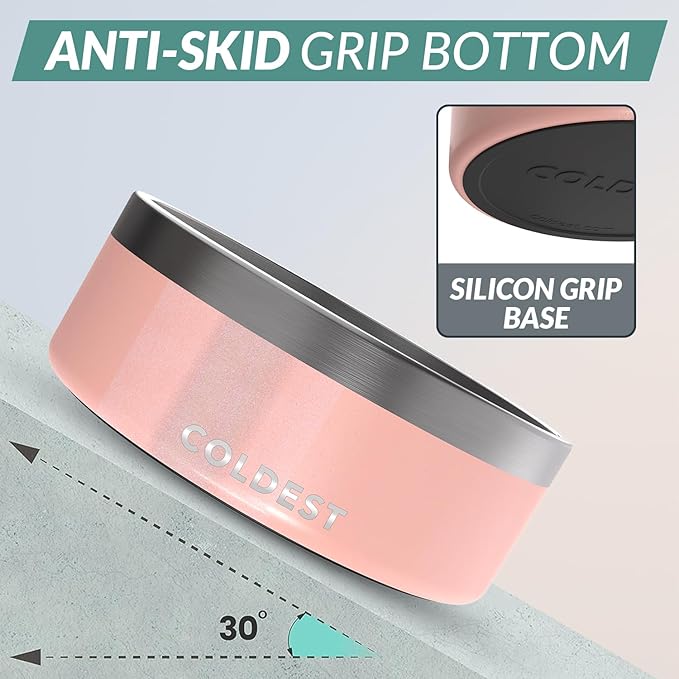Coldest Dog Bowl - Anti Rust Metal, Non Slip, 3 Layers Insulated Stainless Steel Dog Bowls - Spill Proof & Heavy Duty - Water Bowl for Dogs, Cats & Pets, Dish Washer Safe (64 oz, Forever Pink Glitter)-PawvioPets