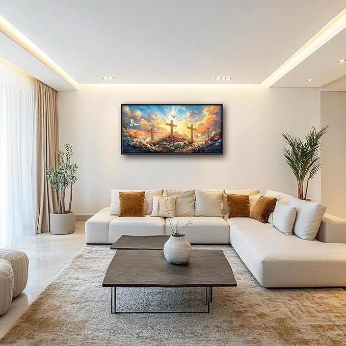 Framed Large Christian Jesus Wall Art, Oversized Floral Dove Wall Decor for Living Room, Landscape Canvas Painting Peaceful Pictures Modern Artwork for Living Room Bedroom Office 60"x30"-PawvioPets