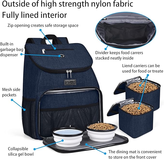 BAGLHER丨Dog Travel Bag, Airline Approved Pet Supplies Backpack, Dog Travel Backpack with 2 Silicone Collapsible Bowls and 2 Food Baskets-PawvioPets