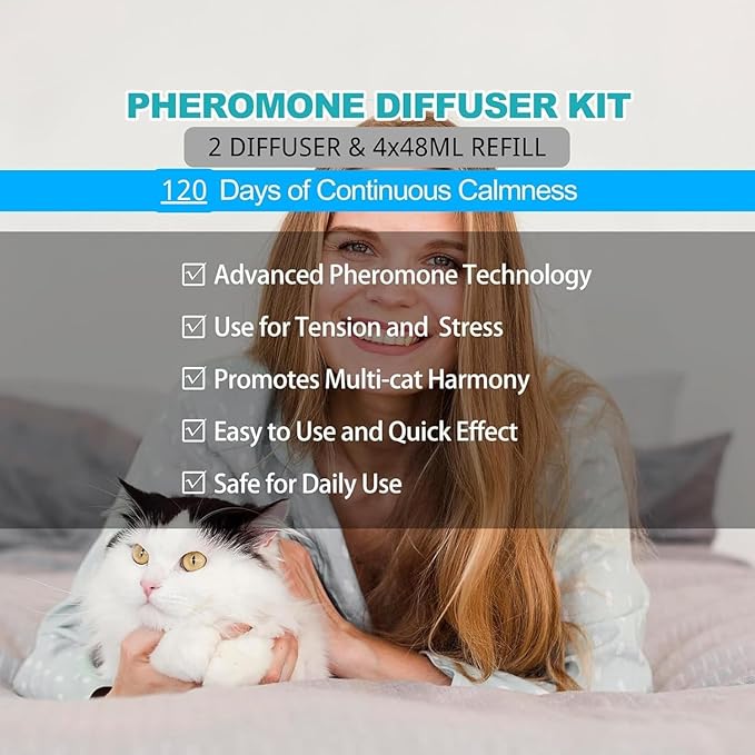 Cat Calming Diffuser, Cat Pheromones Calming Diffuser, Effectively Relieve Anxiety Stress Cat Diffuser Calming Multicat with 2 Diffuser + 4 Refill 48ml Last 120 Days Fits All Cats-PawvioPets