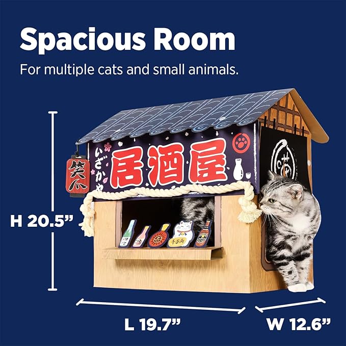 Cat Beds for Indoor Cats, Cardboard Cat House with Scratchers, Izakaya Bar, Large Sturdy Cat Furniture Condo Cave Tent, Easy to Assemble Pet Toys Accessories Stuffs, Bunny Small Animals-PawvioPets
