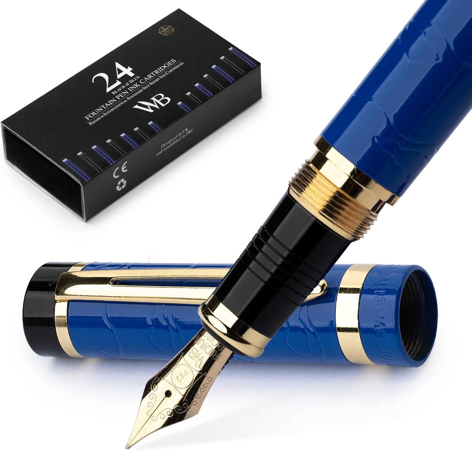 Wordsworth & Black Primori Fountain Pen Set [Blue Gold]; Fine Nib, Gift Case, 24 Ink Cartridges, Refill Converter, Manual; Journaling, Calligraphy, Smooth Writing Pens; Left and Right Handed