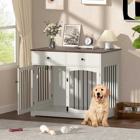 40 Inch Furniture-Style Dog Crate-Multipurpose Wood Pet Crate Furniture with Double Doors,2 Drawers, Decorative Dog House Indoor for Smal/Medium Dogs, White Finish-PawvioPets