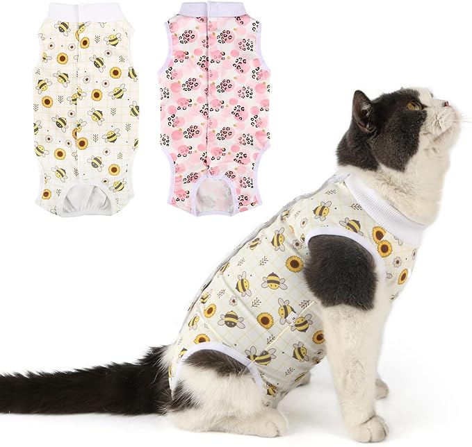 2 Packs Cat Surgery Recovery Suit Surgical Clothes Abdominal Wounds Anti-Licking Cat Bodysuit Onesie Substitute E-Collar& Cone-PawvioPets