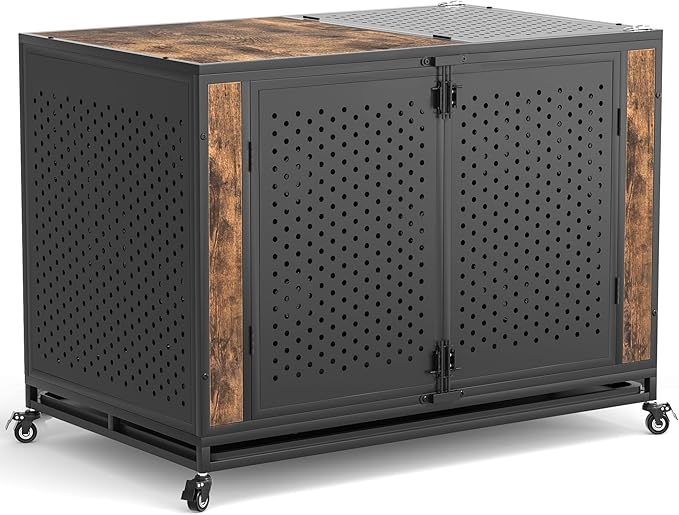 48" Heavy Duty Dog Crate Furniture for Extra Large Dogs, Enclosed Design with 0.5 inch Holes, Indestructible Metal Kennel for High Anxiety Dogs, Chew Proof Pet Cage House Indoor, Brown-PawvioPets