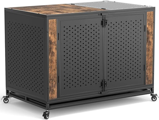48" Heavy Duty Dog Crate Furniture for Extra Large Dogs, Enclosed Design with 0.5 inch Holes, Indestructible Metal Kennel for High Anxiety Dogs, Chew Proof Pet Cage House Indoor, Brown-PawvioPets
