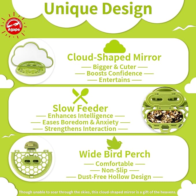 Agape Bird Mirror with Perch&Slow Feeder, Birds Toys for Boredom&Anxiety, Bird Cage Accessories for Parrots to Expend Energy, Interactive Toys for Parakeet, Cockatiel, Lovebird, Conure, Finch, Budgies-PawvioPets