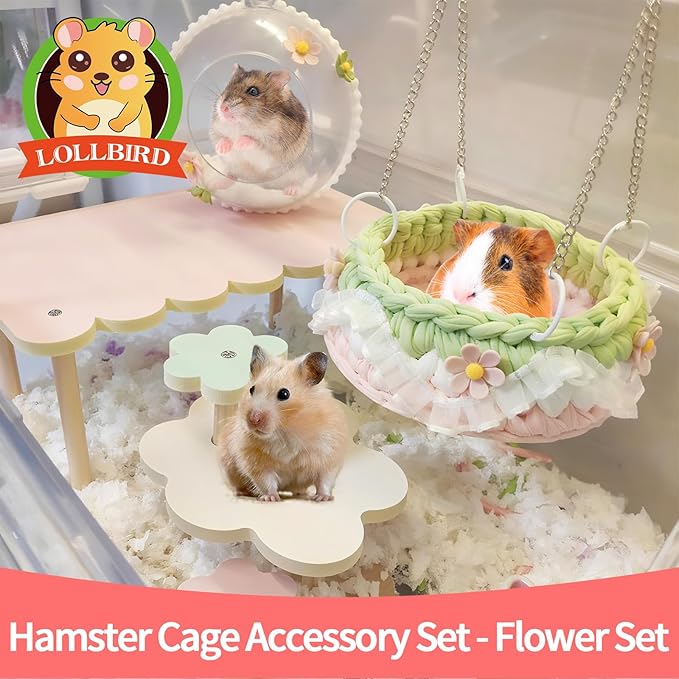 4-Pack Wooden Rat Cage Accessories - Platforms, Ladders & Hammocks Set for Chinchillas, Hamsters, Gerbils (for Iron/Wooden, Acrylic Hamster Cages + Customizable Layout) (11x6.7x5.5)-PawvioPets