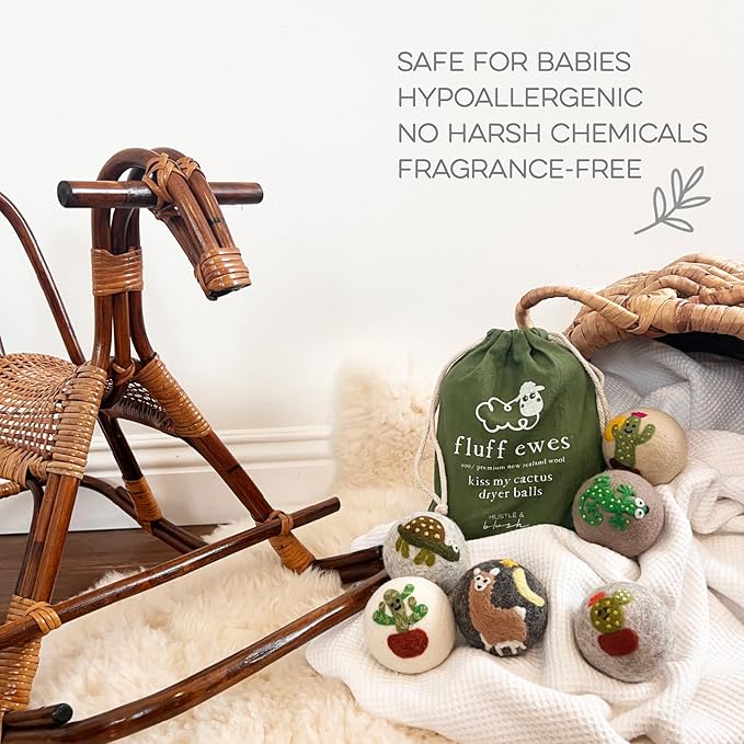 Fluff Ewes Wool Dryer Balls 6 Pack Premium New Zealand Wool Laundry Balls for Dryer, No Static Dryer Balls Laundry Reusable, XL Wool Dryer Balls Cute, Baby Dryer Balls for Dryers - Kiss My Cactus-PawvioPets