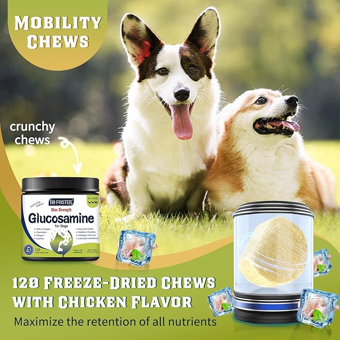 Glucosamine for Dogs, Hip and Joint Supplement for Dogs with Chicken Flavor, Anti Inflammatory, Dog's Chondroitin, Digestive Enzymes, Omega-3, Vitamin D, MSM, Calcium, Turmeric, 120 Freeze-Dried Chews-PawvioPets